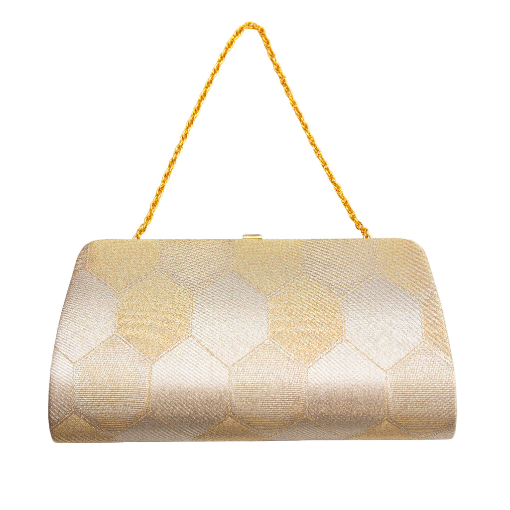 Reverse view of vintage Japanese silk clutch bag with metallic gold hexagon design