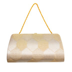 Reverse view of vintage Japanese silk clutch bag with metallic gold hexagon design