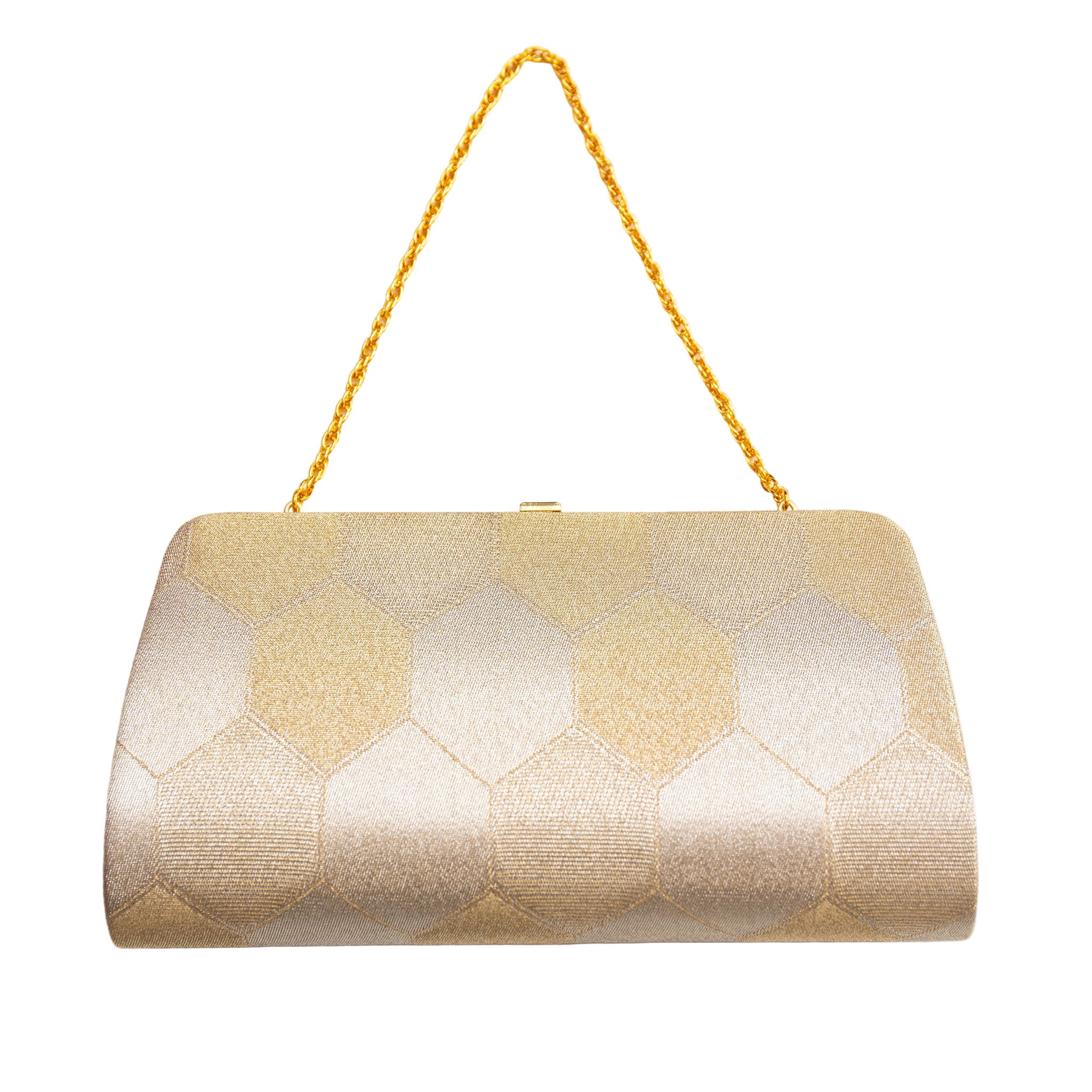 Reverse view of vintage Japanese silk clutch bag with metallic gold hexagon design