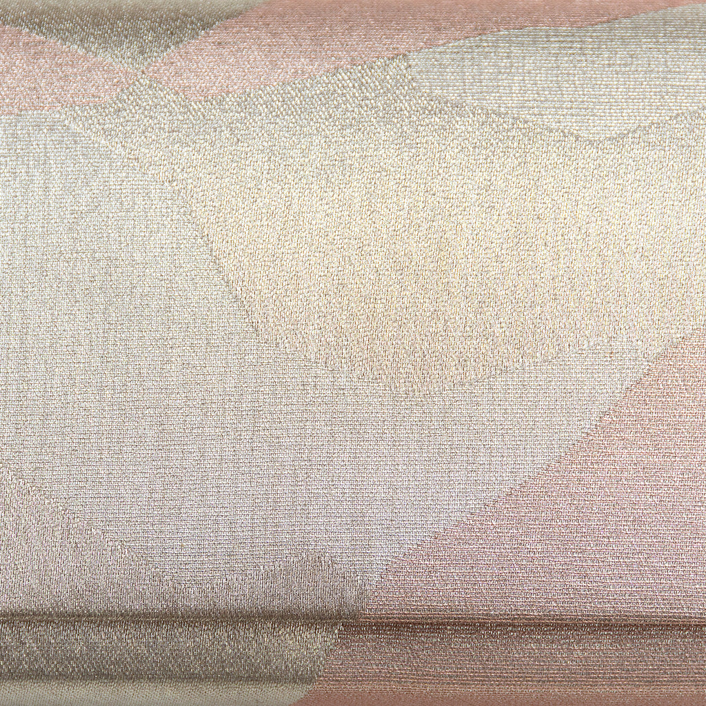 Close up detail of the surface of the vintage Japanese silk clutch bag, woven silver threads and pale pink in an abstract pattern.