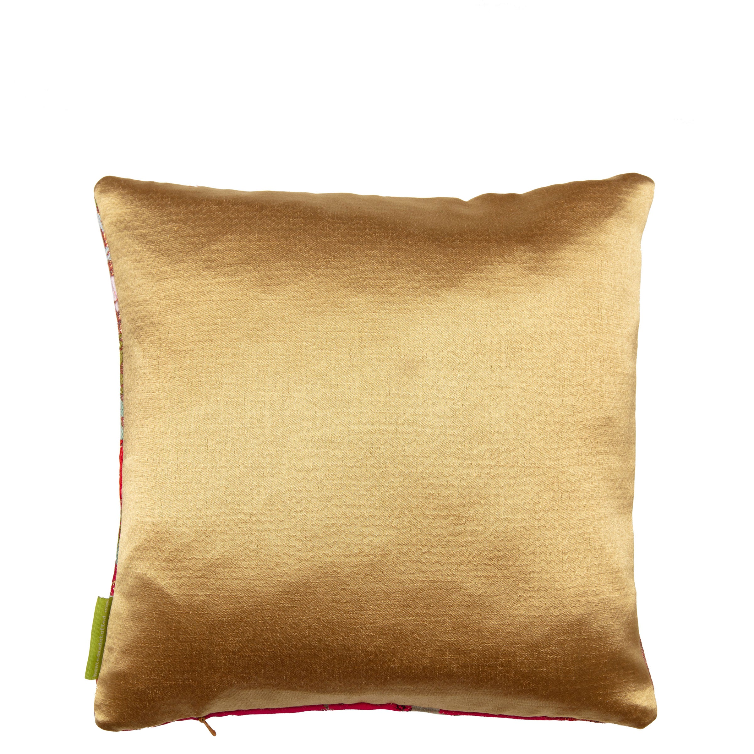 Gold velvet reverse of a vintage Japanese uchikake silk cushion cover, 12 inch square.