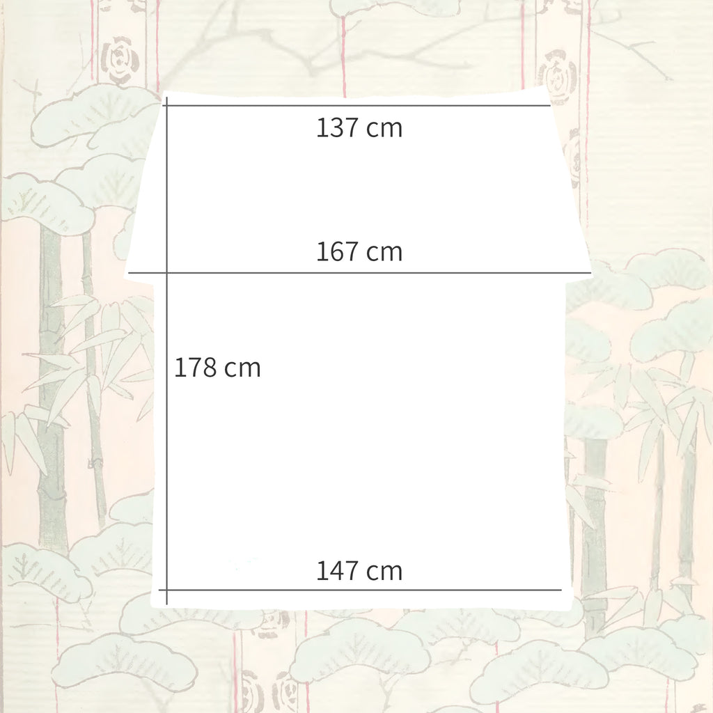 Size diagram showing dimensions of vintage Japanese uchikake silk throw, 137cm wide top, 167cm widest point, of collar, 178cm length, 147cm hem.