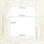 Size diagram showing dimensions of vintage Japanese uchikake silk throw, 137cm wide top, 167cm widest point, of collar, 178cm length, 147cm hem.