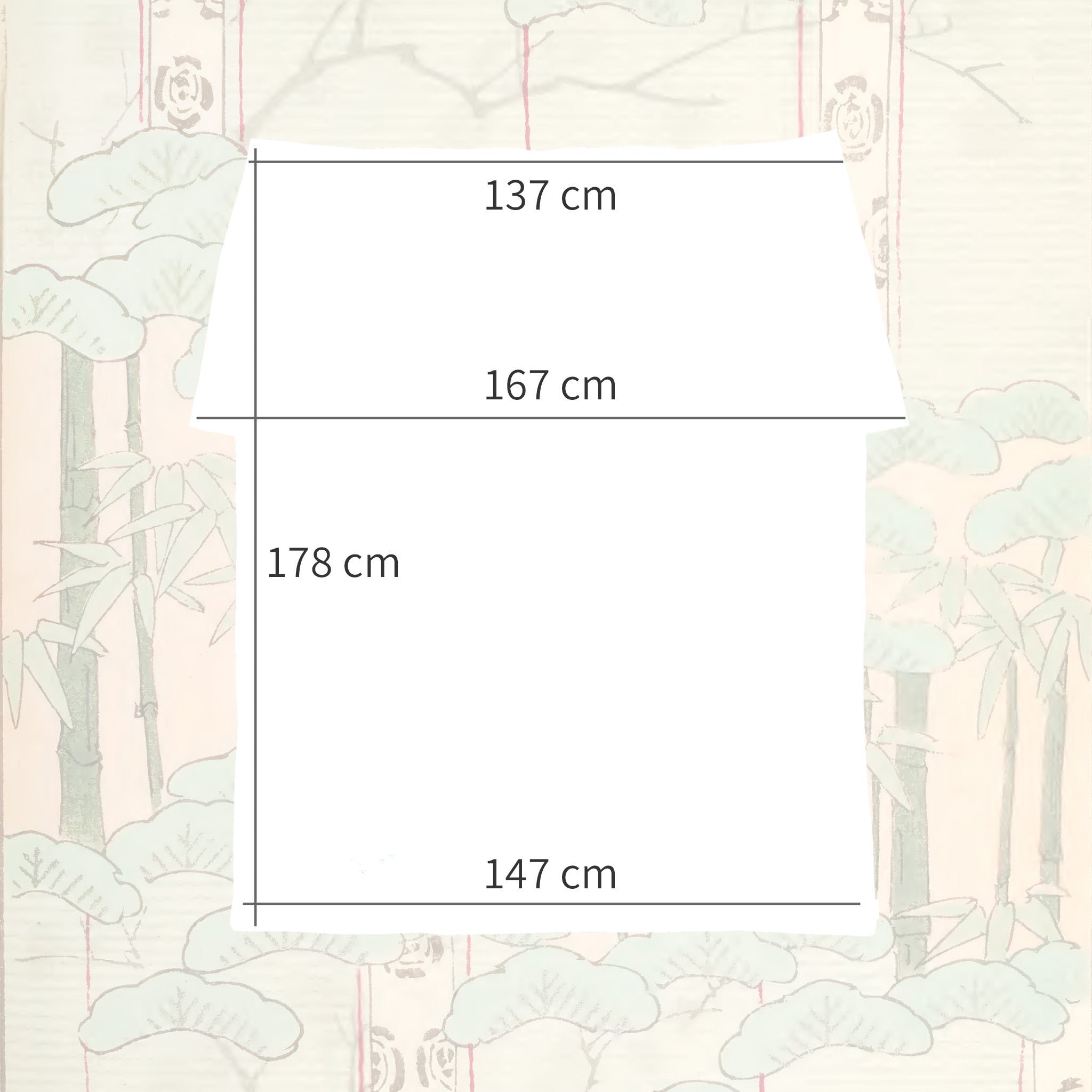 Size diagram showing dimensions of vintage Japanese uchikake silk throw, 137cm wide top, 167cm widest point, of collar, 178cm length, 147cm hem.