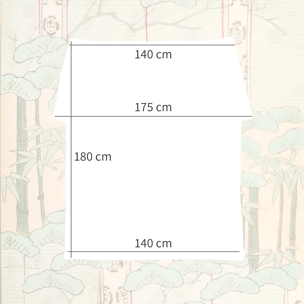 Size diagram showing dimensions of vintage Japanese uchikake silk throw, 140cm wide, 175cm at widest point, 180cm length.