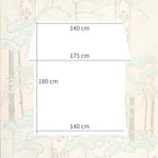 Size diagram showing dimensions of vintage Japanese uchikake silk throw, 140cm wide, 175cm at widest point, 180cm length.