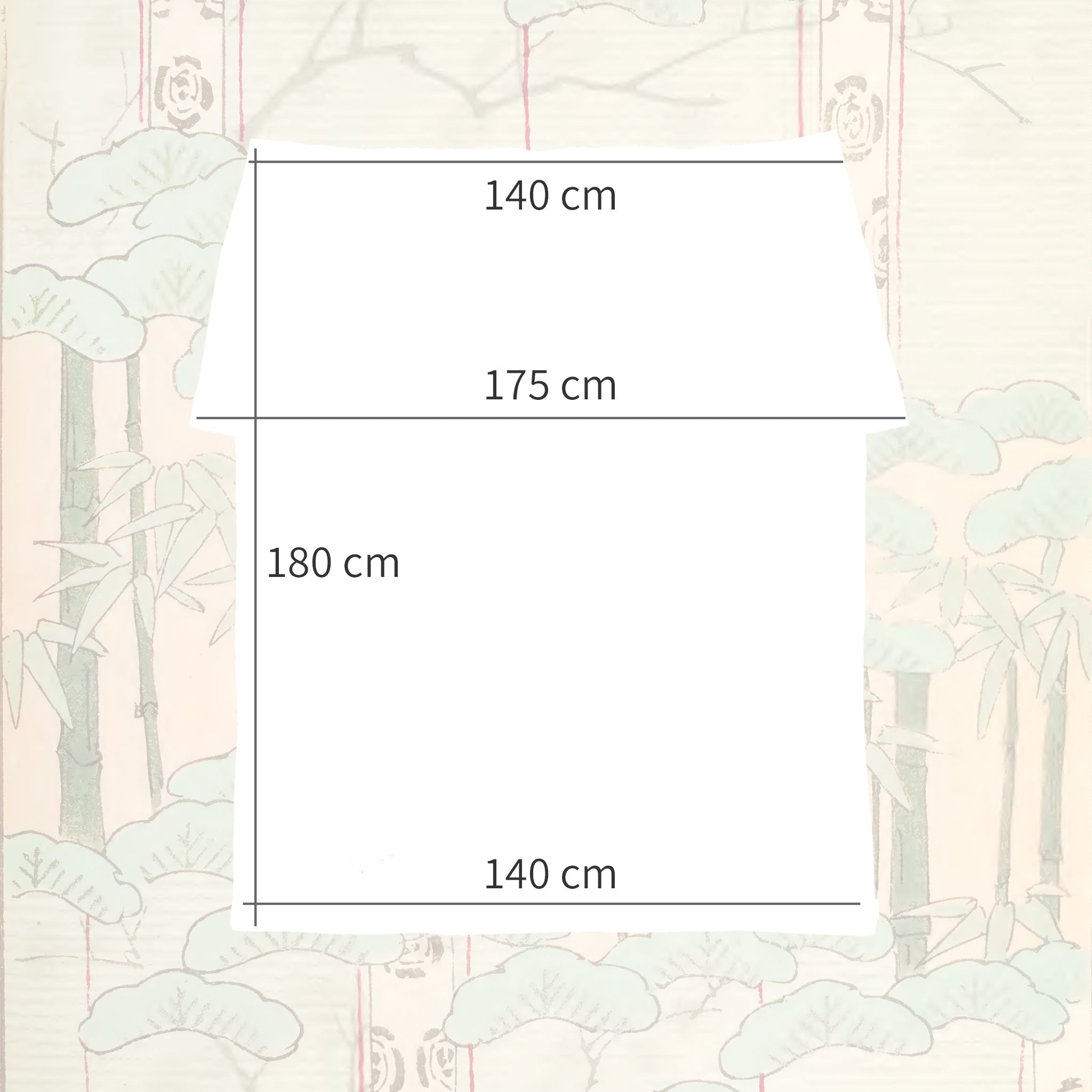 Size diagram showing dimensions of vintage Japanese uchikake silk throw, 140cm wide, 175cm at widest point, 180cm length.