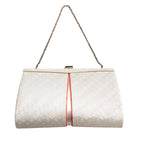 Reverse view of white and silver vintage Japanese silk clutch bag with silver chain handle, on white.