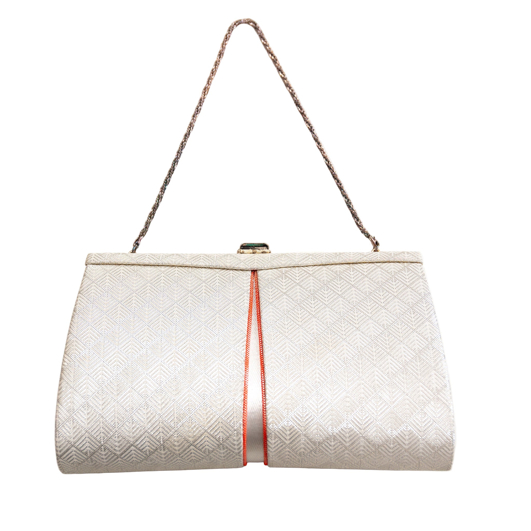 Reverse view of white and silver vintage Japanese silk clutch bag with silver chain handle, on white.