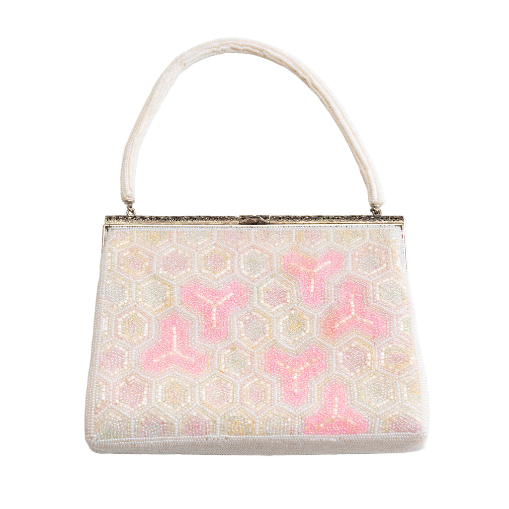 Vintage 1960s Japanese pink and white geometric beaded handbag with beaded handle