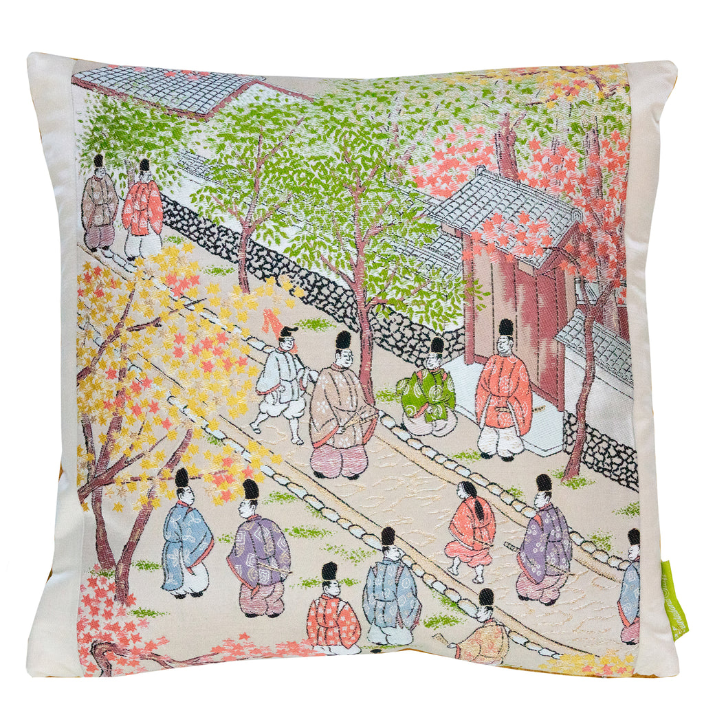 14-inch square Obi pillow featuring vintage Nishijin silk depicting Japanese street scene, Hunted and Stuffed brand