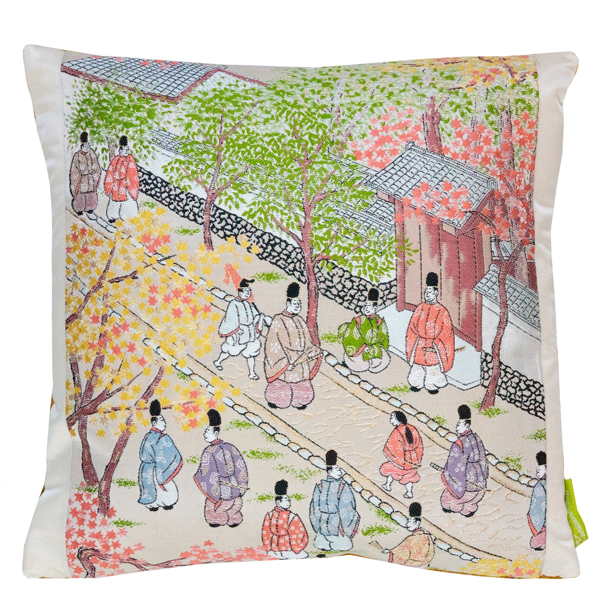 14-inch square Obi pillow featuring vintage Nishijin silk depicting Japanese street scene, Hunted and Stuffed brand