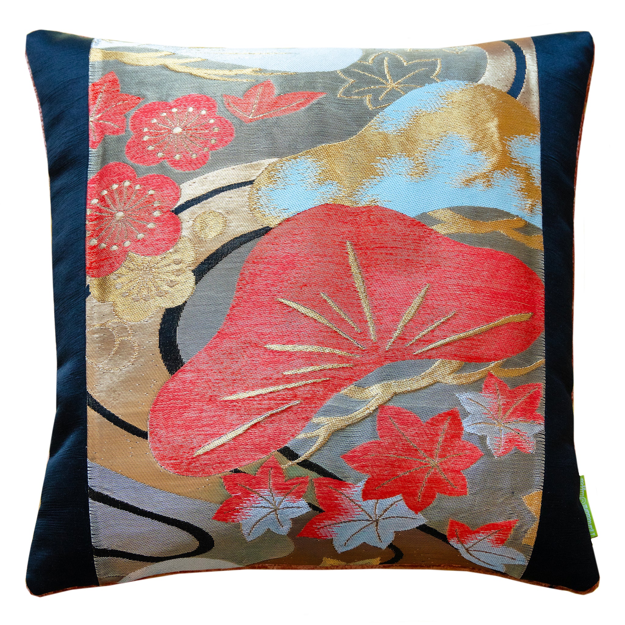 Black 16-inch Obi Pillow with Peach Velvet fabric and Pines embroidery, square shape, Hunted and Stuffed brand, takes