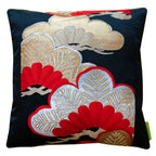 Black silk obi pillow with gold velvet pine branch embroidery, 16-inch square Hunted and Stuffed obi cushion with visible