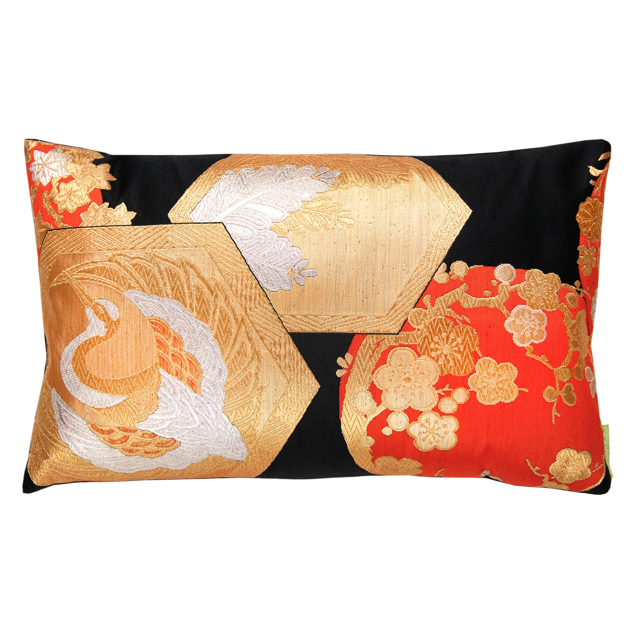A rectangular cushion with a chinoiserie design featuring phoenix, plum blossom, and fortune hexagon patterns in black, gold, and orange colors, made from upcycled vintage Japanese silk.