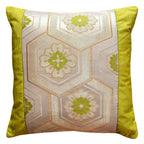 Gold obi cushion with chartreuse green velvet cover, square 19-inch dimension, takes 22-inch insert, by Hunted and Stuffed