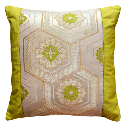 Gold and chartreuse green silk square cushion cover with interlocking hexagon and floral medallion pattern, cut from a vintage Fukuro Obi, with chartreuse velvet side panels