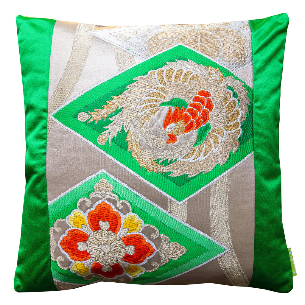 Hunted and Stuffed Golden Phoenix Green Silk Obi Cushion with gold velvet, 18-inch square, embroidered phoenix design