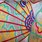 Maru obi fan motif, close up of textile, from a japanese bolster cushion.
