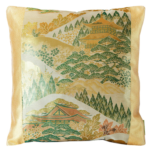 Cream and gold silk square cushion cover with woven mountain temple landscape in green, gold and rust, cut from a vintage Nishijin Fukuro Obi, Kyōto