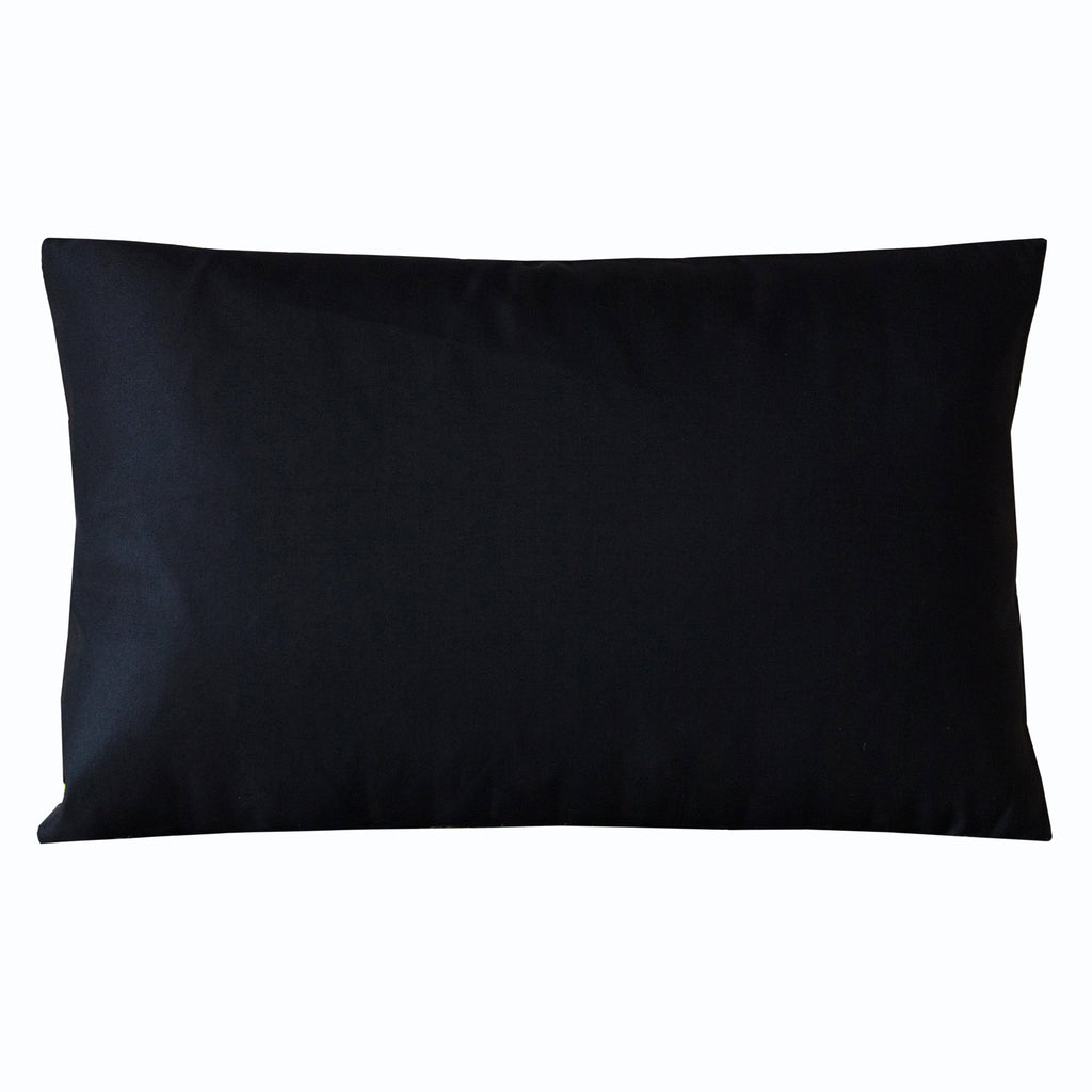 Reverse view of the rectangular obi cushion showing the back in plain black vintage silk.