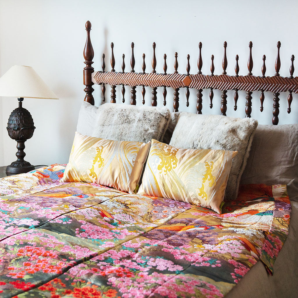 Silk vintage wedding kimono bedspread throw in soft pastel colors, 50x70 inches, Hunted and Stuffed brand, cozy bedroom decor
