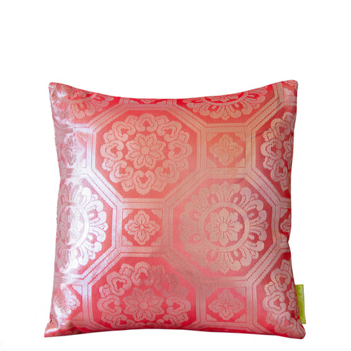 1930s pink silk throw pillow with silver geometric antique obi, 12-inch square, Hunted and Stuffed Obi cushions