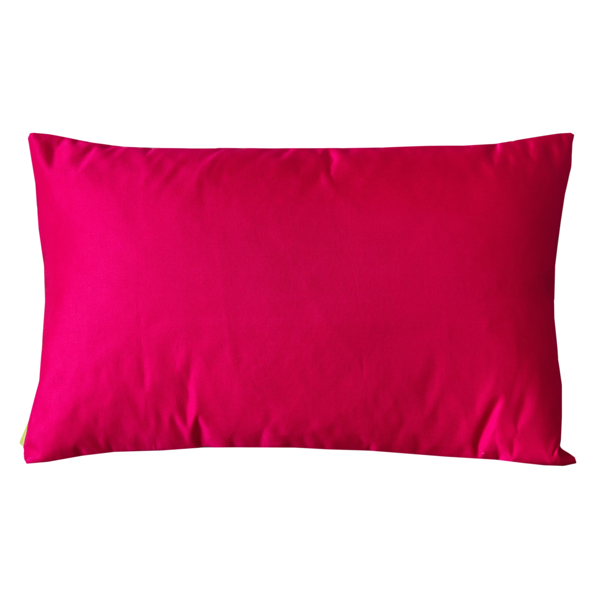 Reverse view of the rectangular silk cushion in bright pink silk on a white background.