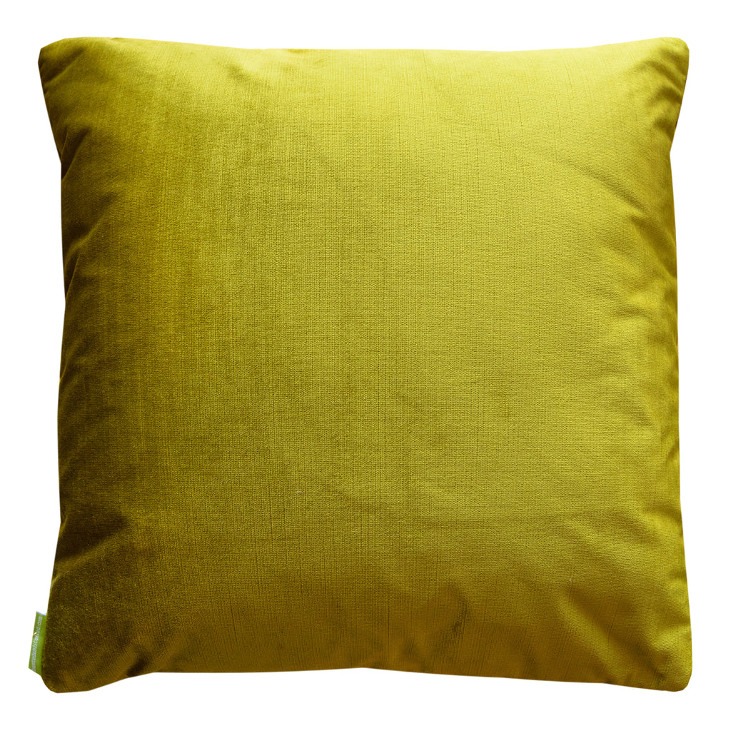 Close-up of the gold satin obi cushion’s intricate chartreuse green velvet piping along the 19-inch edge, highlighting
