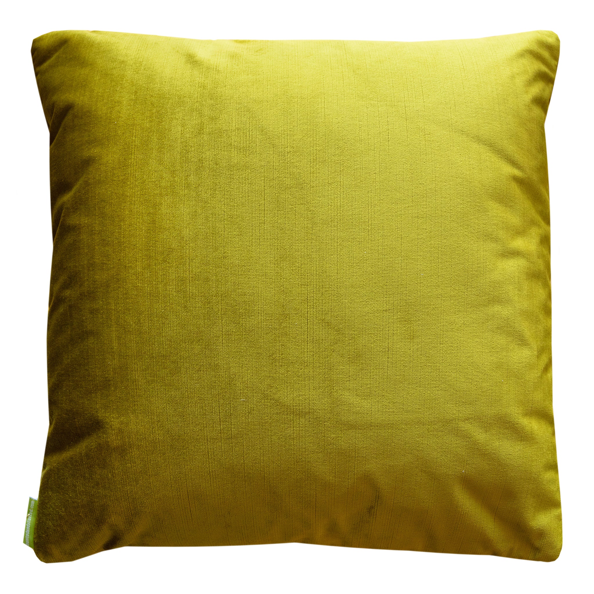 Close-up of the gold satin obi cushion’s intricate chartreuse green velvet piping along the 19-inch edge, highlighting