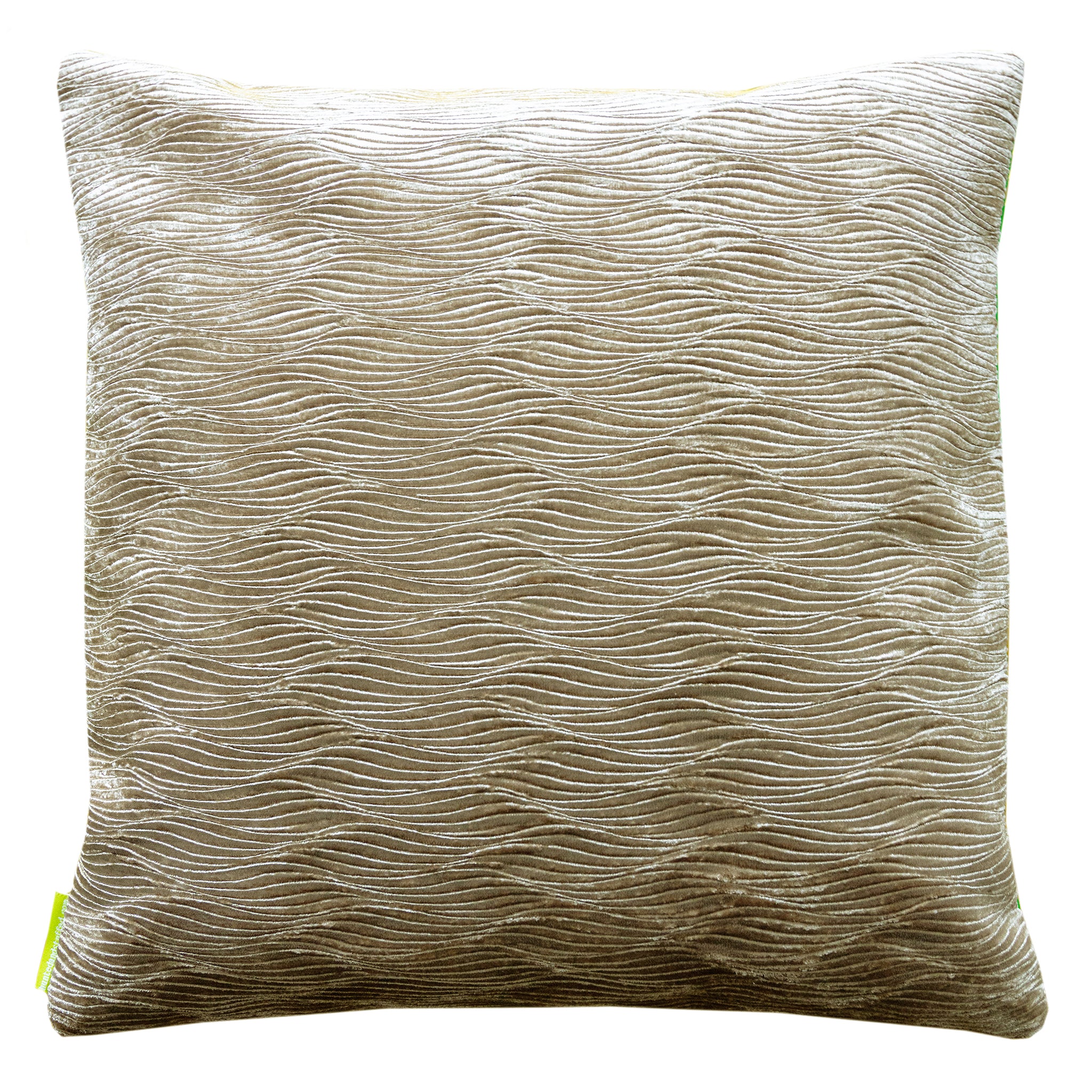 Close-up of the gold velvet textured surface on the Golden Phoenix Green Silk Obi Cushion showing intricate stitching and