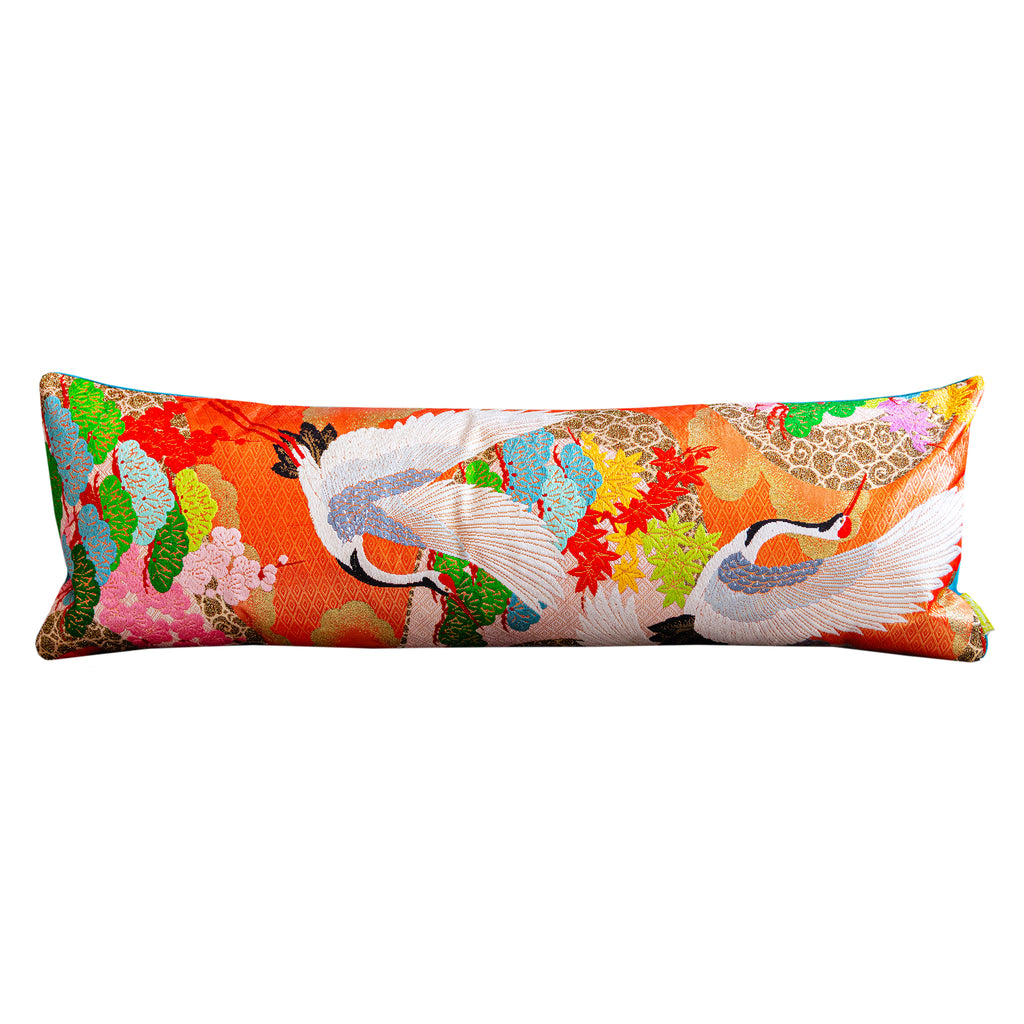 Colorful bolster pillow made from repurposed Kimono silk cranes on blue velvet, Hunted and Stuffed Uchikake bolster cushion