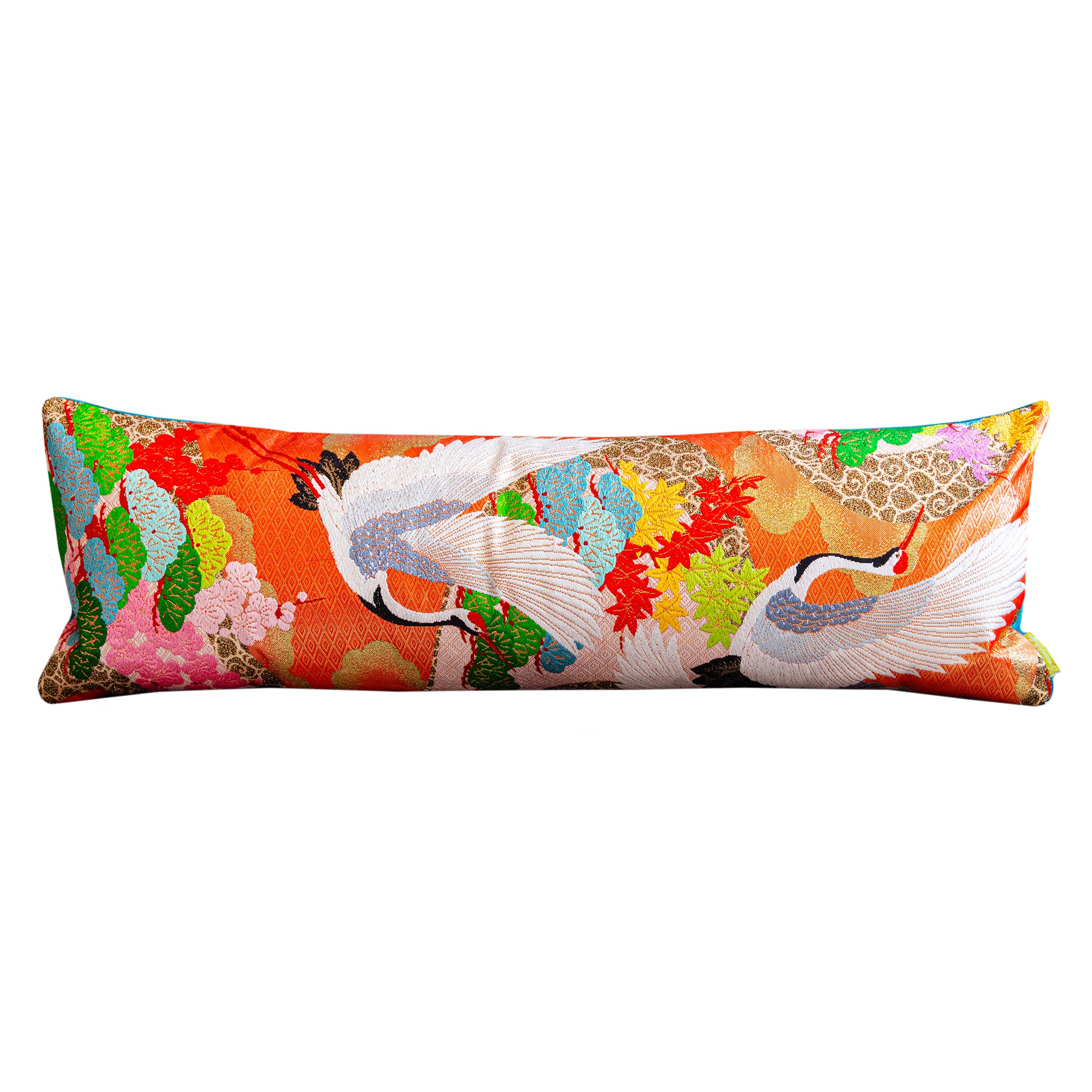 Colorful bolster pillow made from repurposed Kimono silk cranes on blue velvet, Hunted and Stuffed Uchikake bolster cushion
