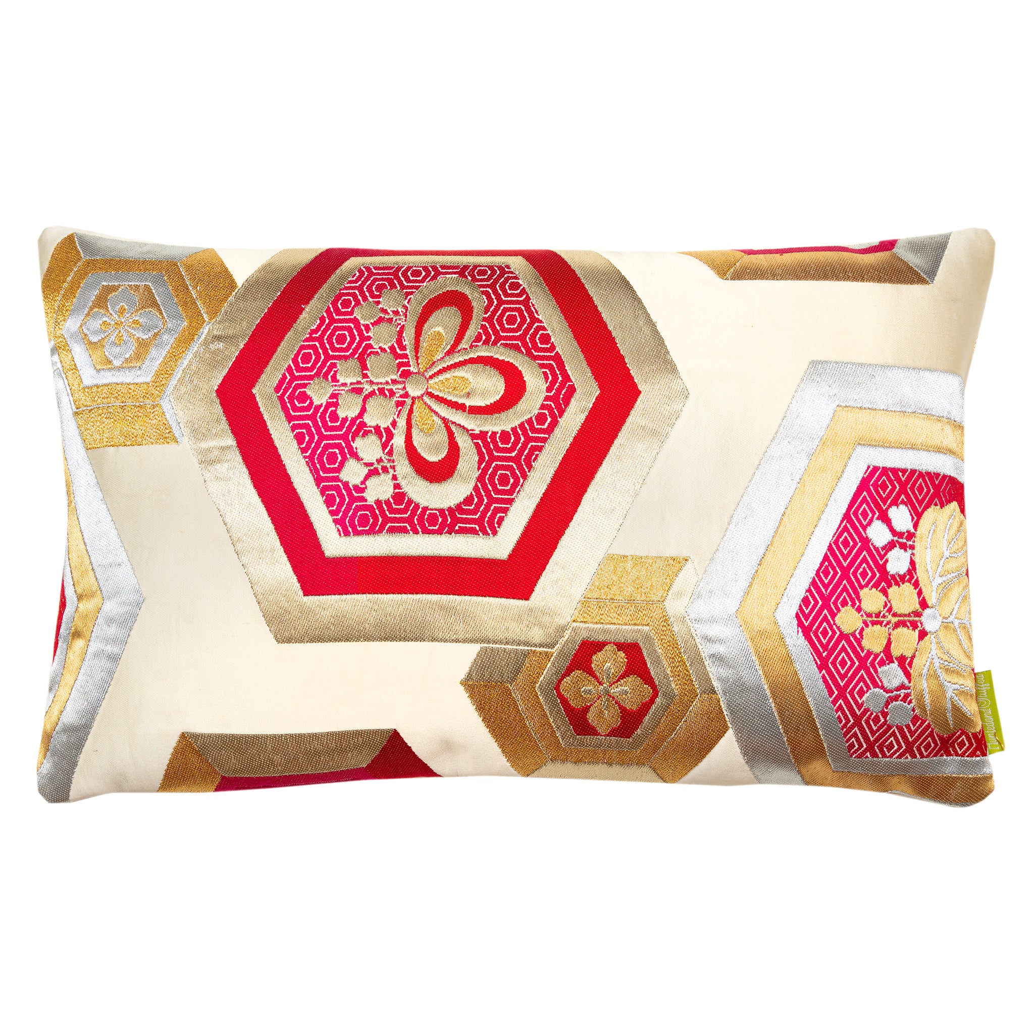 Cream silk rectangular Japanese obi cushion with red and gold patterns.