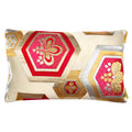 A cream silk obi pillow with metallic gold and silver hexagons and red Kiri floral embroidery by Kimono Living.