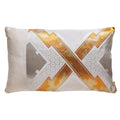 A cream silk pillow with gold and silver geometric accent embroidery made from a vintage Japanese silk obi.