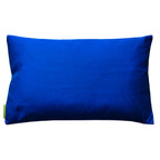 Reverse of the rectangular blue silk obi on white background.