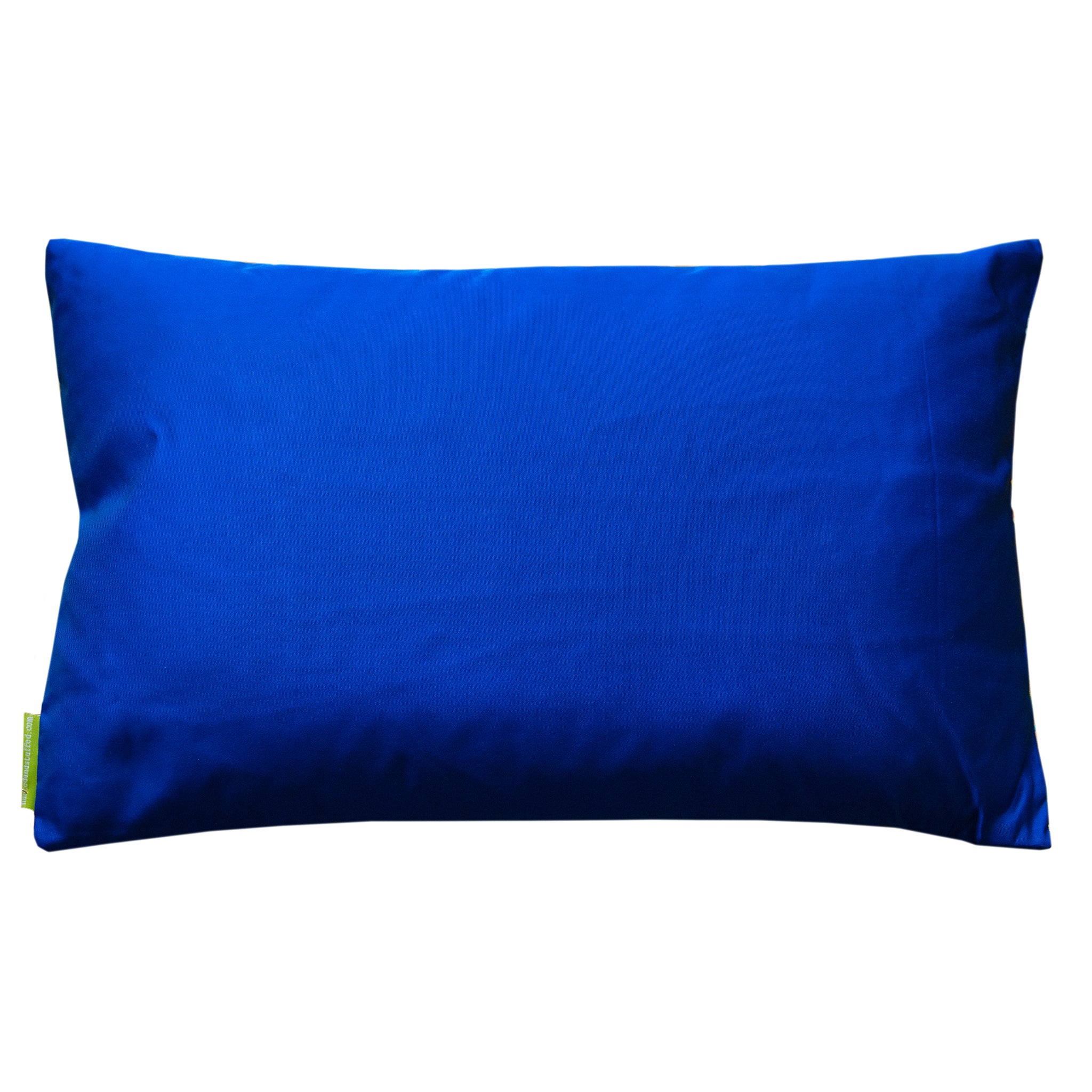 Reverse of the rectangular blue silk obi on white background.