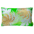 Rectangular cushion in bright green ombre silk with gold and silver flowers made from repurposed vintage Japanese obi silk.