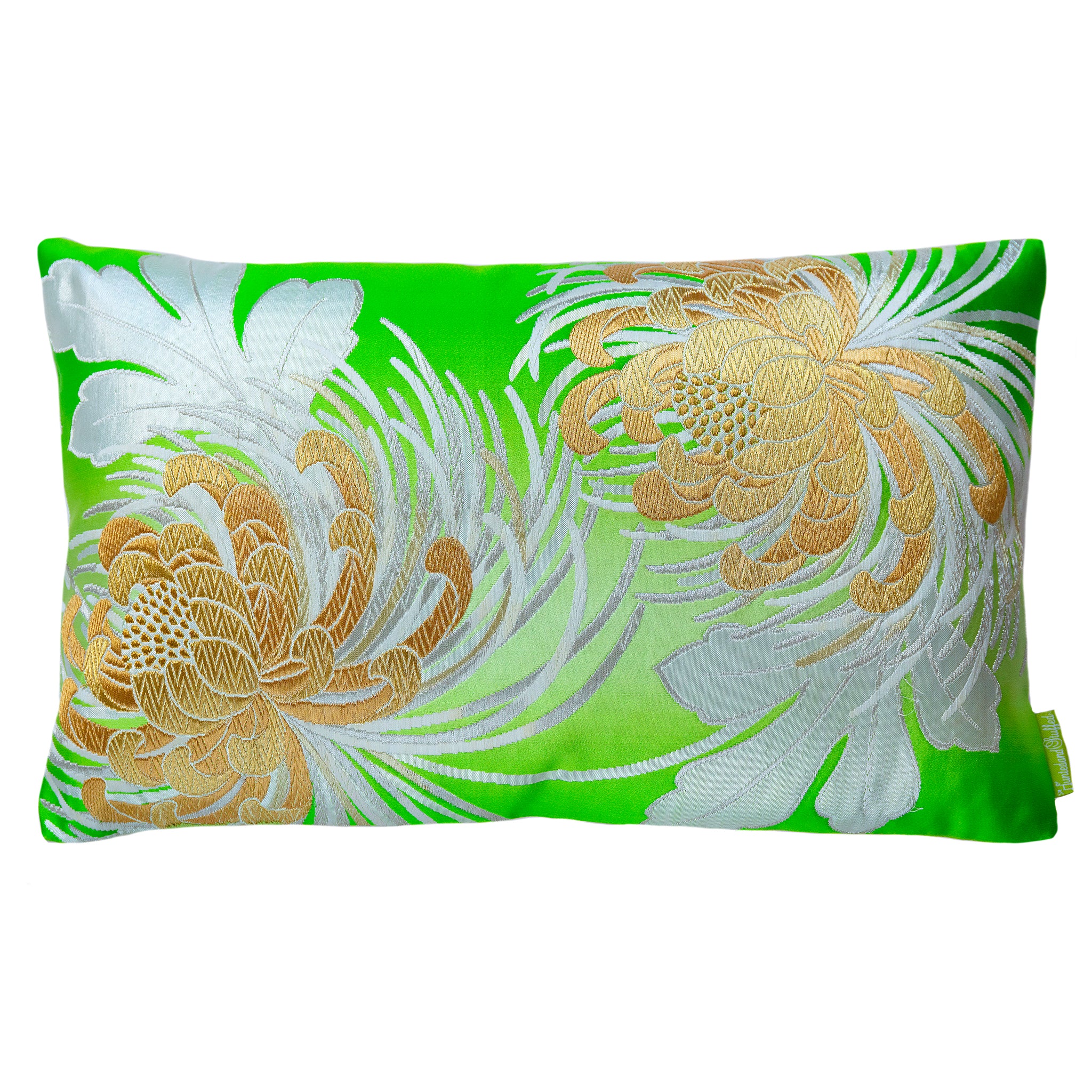 Rectangular cushion in bright green ombre silk with gold and silver flowers made from repurposed vintage Japanese obi silk.