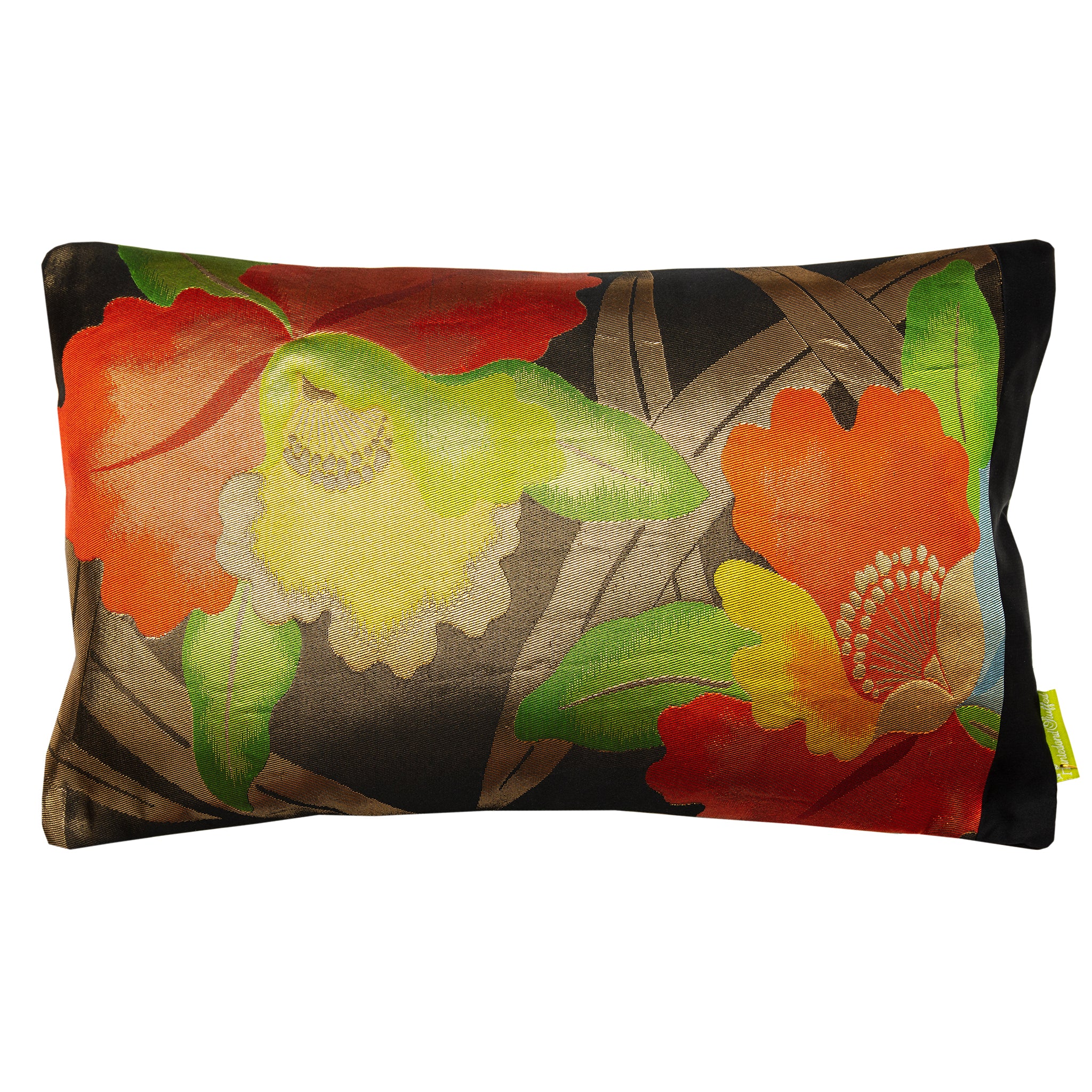 A black silk throw pillow with a floral pattern in red, yellow, and gold colors and a black border.