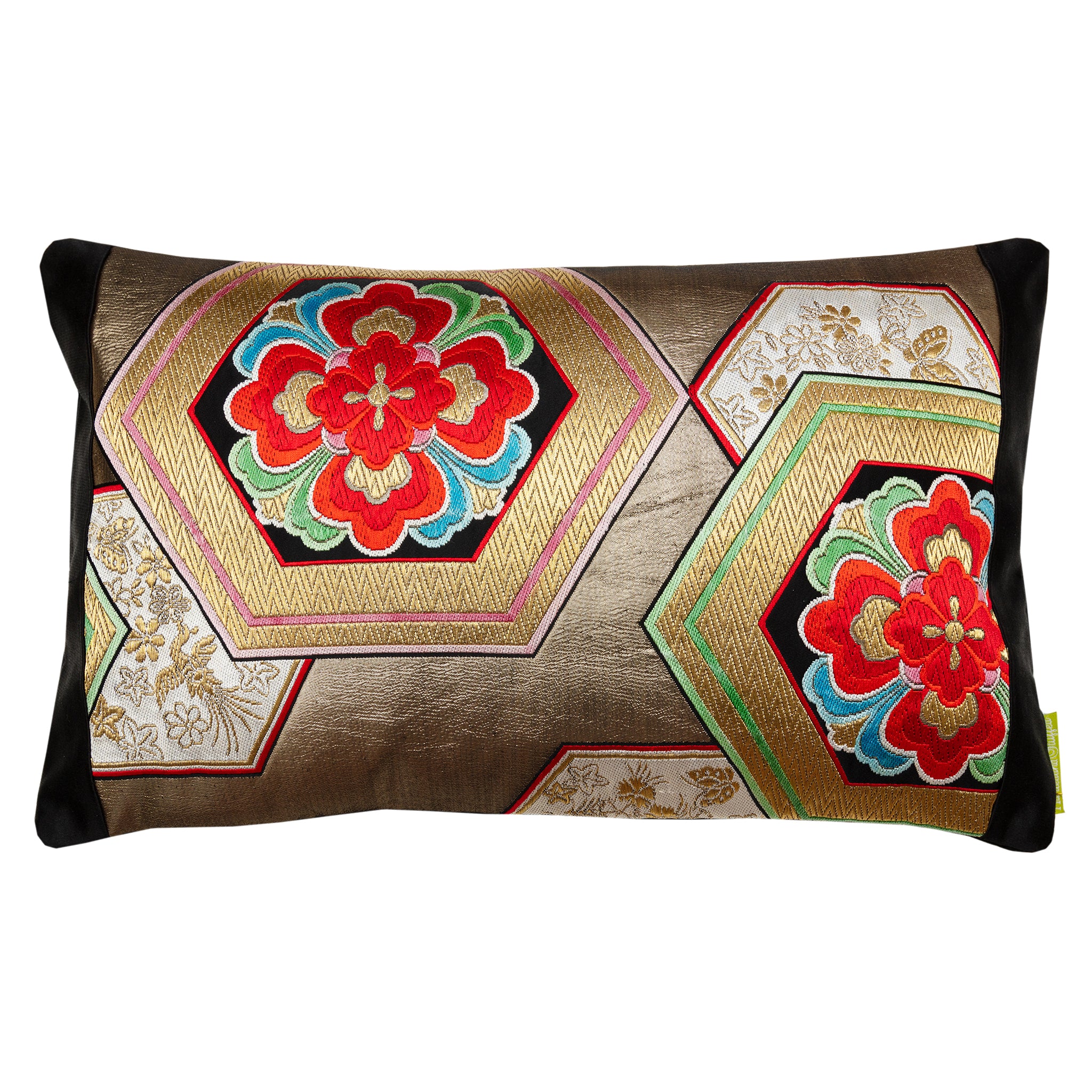 Rectangular obi cushion in gold with fortune hexagons and hanabishi motifs, black edges.
