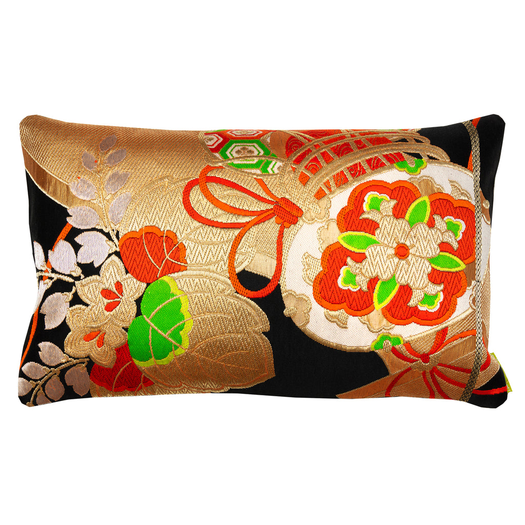 Vintage rectangular black silk obi cushion with gold drum pattern