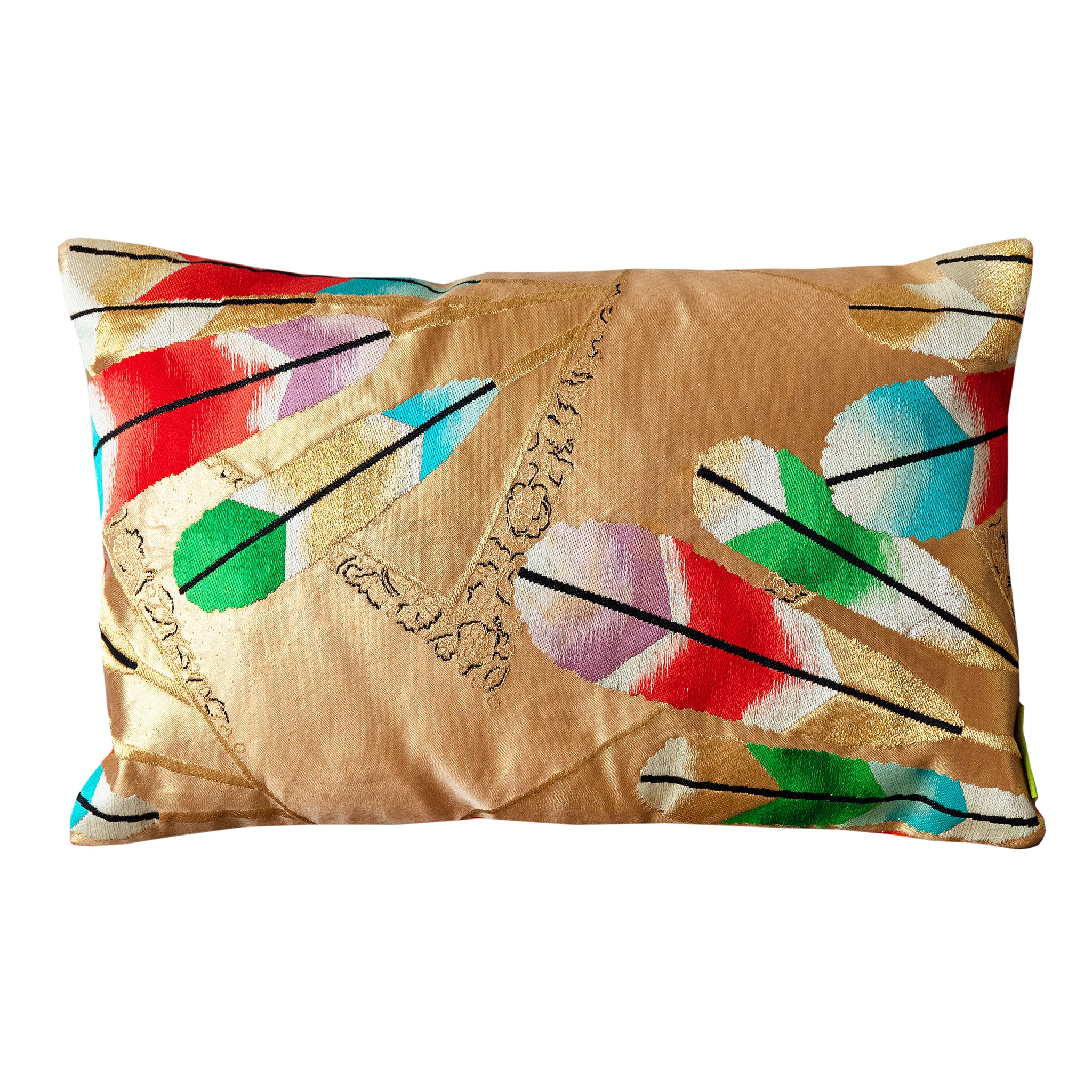 Rectangular metallic gold vintage silk obi cushion with colourful feather motifs on a white background.