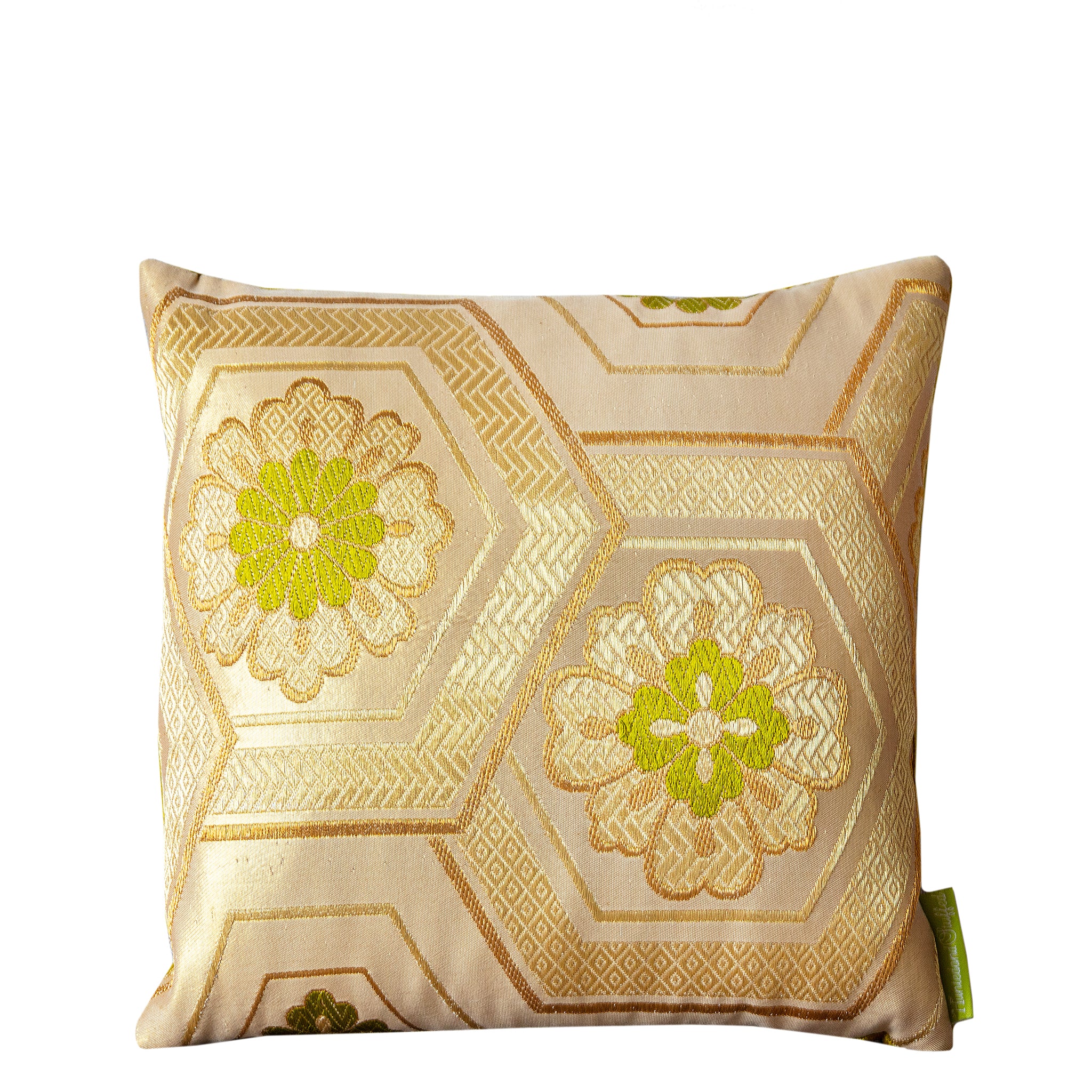 Hunted and Stuffed Gold geometric Obi pillow, chartreuse velvet square cushion, 12-inch dimension, textured fabric