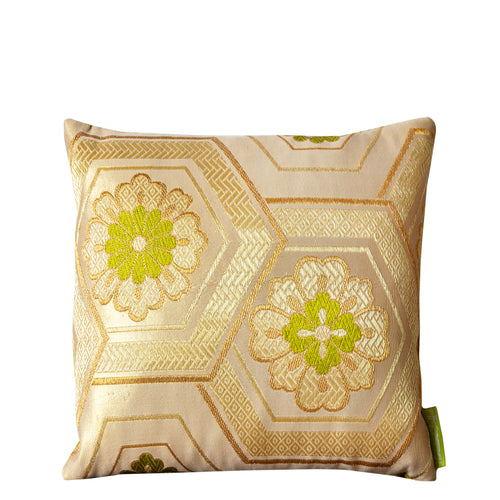 Small gold silk square cushion cover with interlocking hexagon and floral medallion pattern, cut from a vintage Fukuro Obi, with chartreuse green velvet reverse