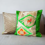 Close-up of the gold velvet top edge detailing and intricate green silk embroidery on the Golden Phoenix Green Silk Obi