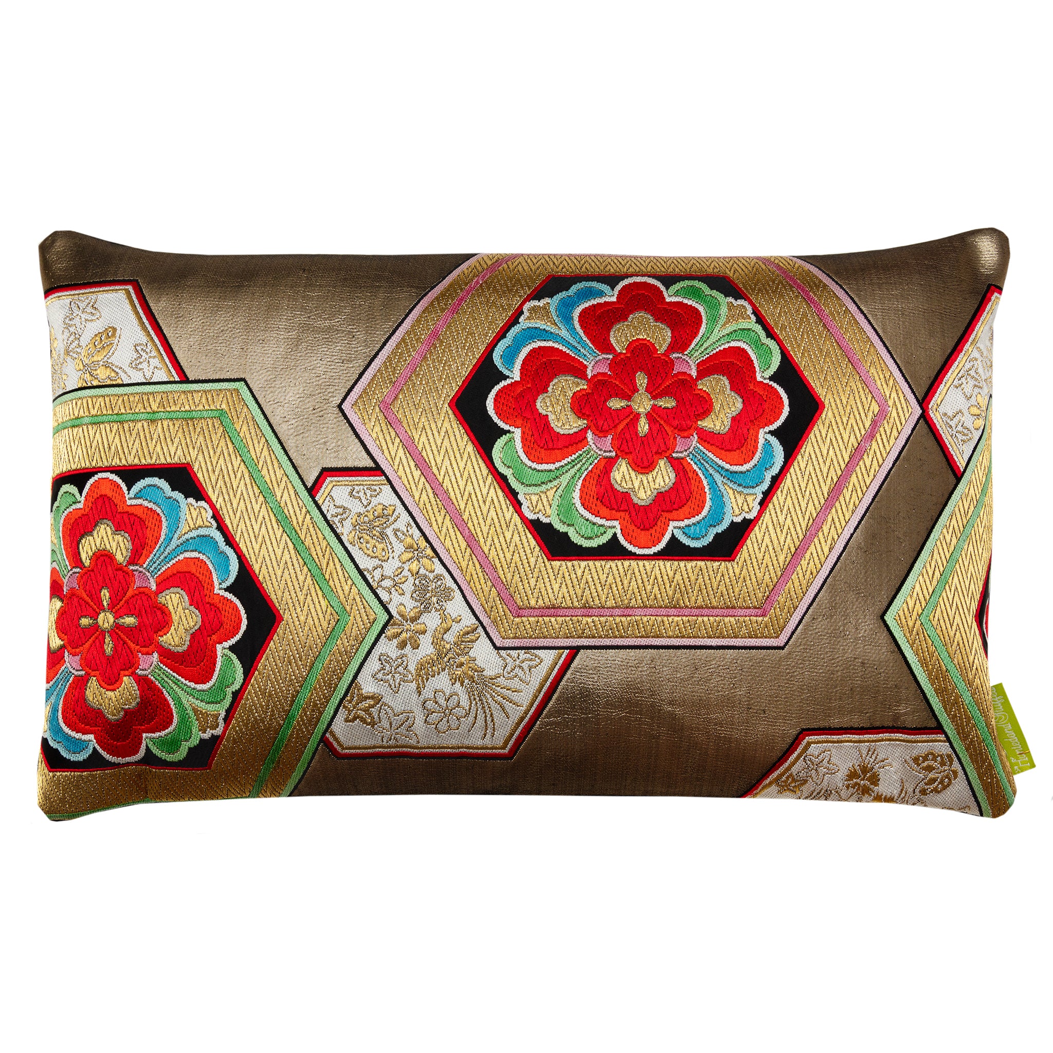 Antique gold silk Japanese obi cushion with fortune hexagons, phoenix and hanabishi flower patterns.