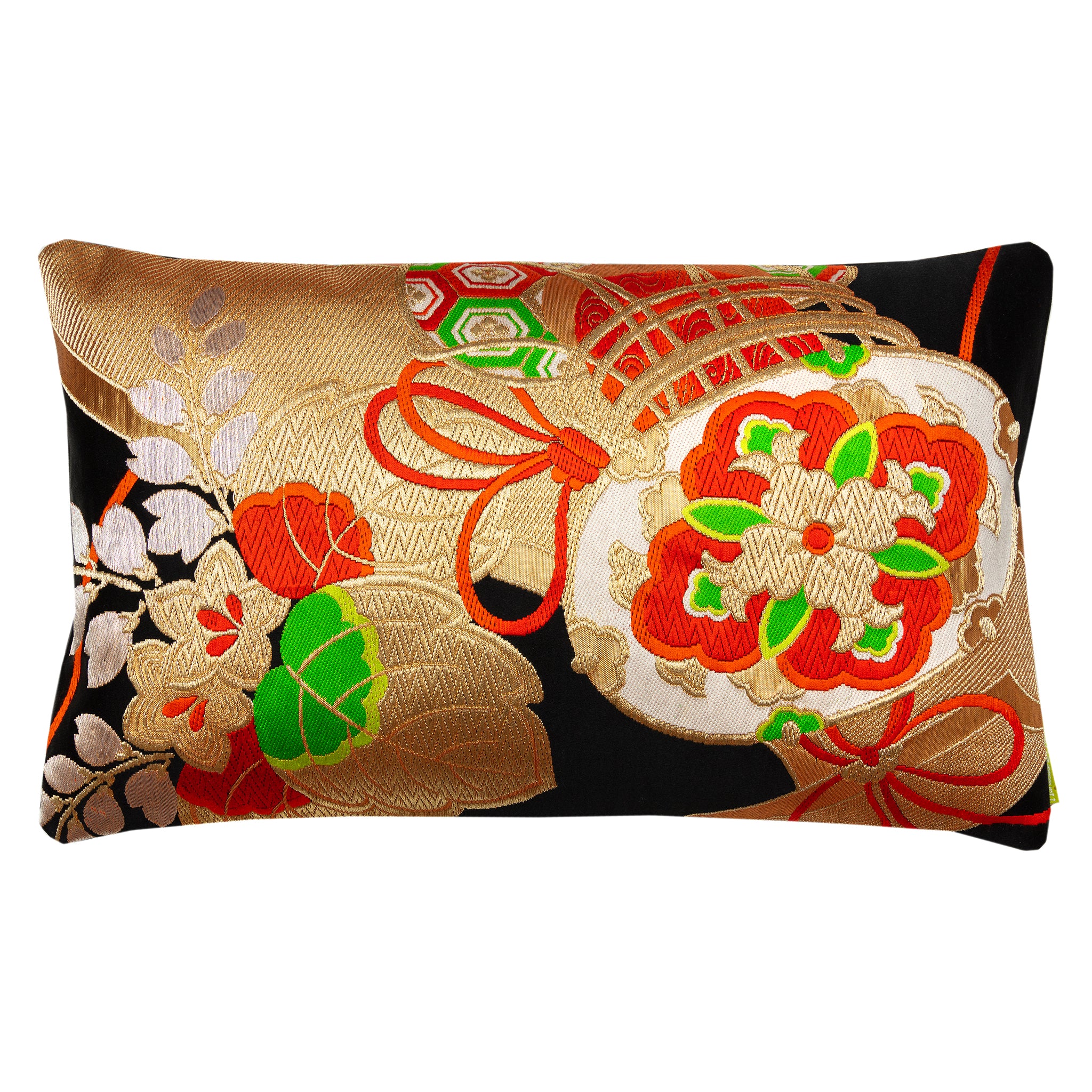 A decorative pillow with a traditional Japanese obi design featuring golden drum patterns and orange and green silk thread accents on a black silk base.