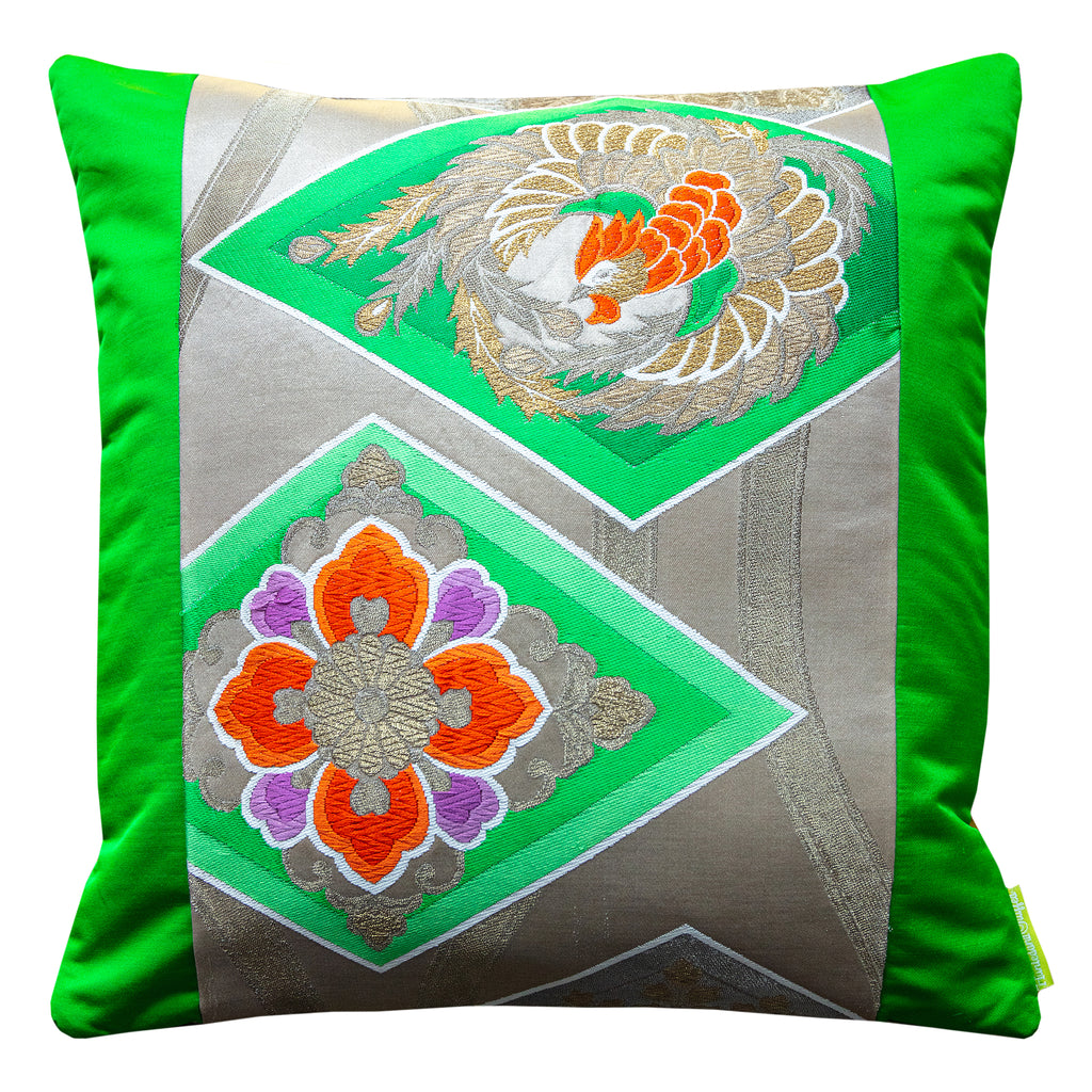 Green antique Obi silk fabric cushion with velvet back, 18-inch square, by Hunted and Stuffed, vintage style, textured